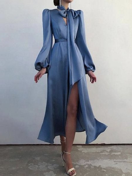 

Elegant Long Sleeve V Neck Fit Plain Midi Dress, Blue, Midi Dresses