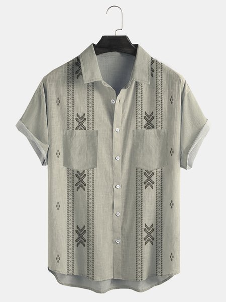 

Cotton Linen Geometric Print Casual Short Sleeve Shirt, As picture, Men's Floral shirt