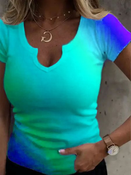

Ombre V Neck Short Sleeve Top, Green, T-Shirts