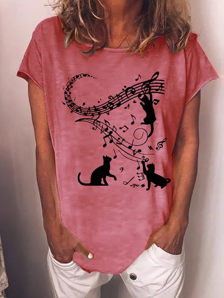 

Women Funny Cat Music Cotton-Blend Animal Loose T-Shirt, Pink, T-shirts