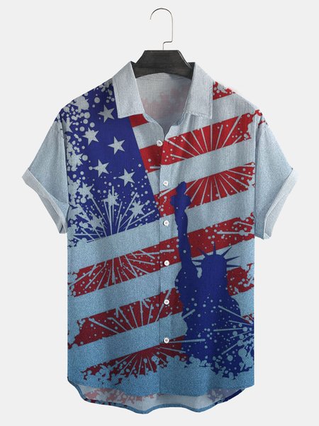 

Cotton Linen Flag Print Casual Short Sleeve Shirt, As picture, Men's Floral shirt