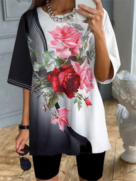 

Contrast Floral Crew Neck Loose T-Shirt & Skinny Pants, Black, Suit Set