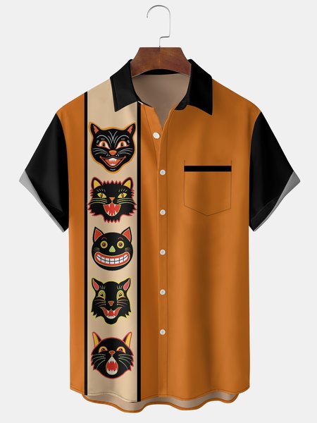 

Mens Funky Halloween Print Front Buttons Soft Breathable Chest Pocket Casual Aloha Shirt, Orange, Men's Floral shirt