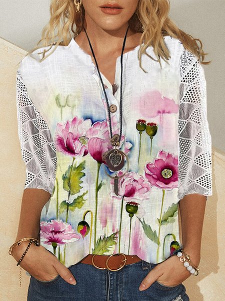 

Floral Casual Cotton-Blend Blouse, White, Shirts & Blouses