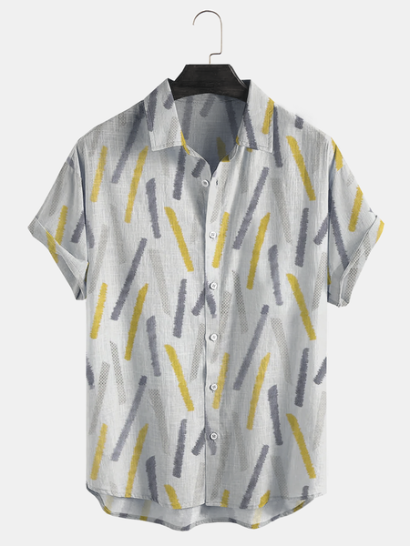 

Cotton Linen Style American Casual Basic Versatile Geometric Striped Linen Shirt, As picture, Men's Floral shirt
