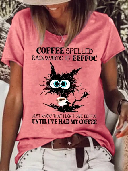 Womens Funny Coffee Letter Black Cat Casual T-Shirt, Red, T-shirts