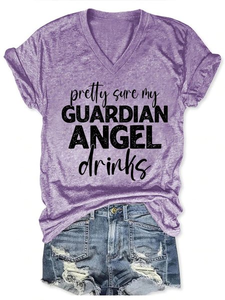 

Funny Saying Pretty Sure My Guardian Angels Drinks Text Letters Loose Simple T-Shirt, Purple, T-shirts