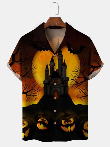 

Men's Halloween Printed Casual Fabric Lapel Short Sleeve Hawaiian Shirt, Black, Men's Floral shirt