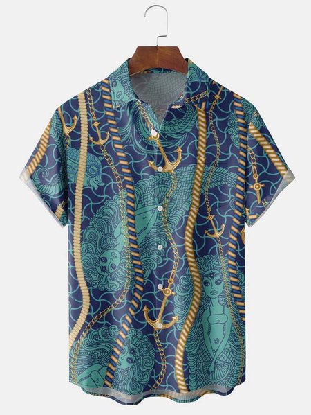 

Vintage Gold Chain Graphic Men's Casual Hawaiian Short Sleeve Shirt, Blue, Men's Floral shirt