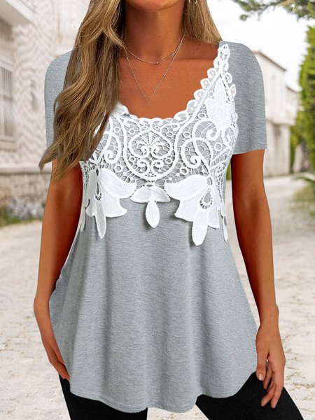 

Plain A-line loose lace top T-shirt plus size, Light gray, T-Shirts