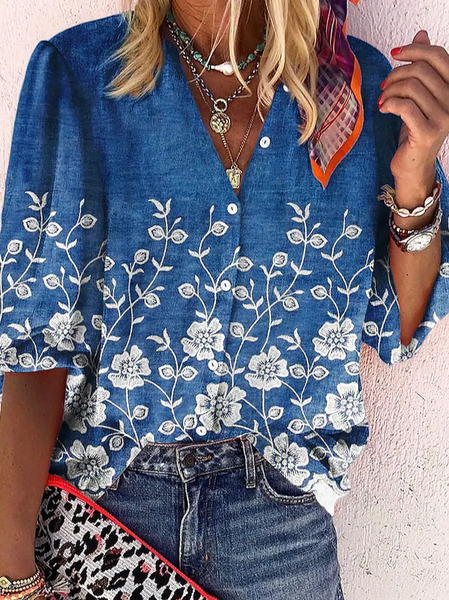 

Casual Floral Loose Blouse, Blue, Shirts & Blouses