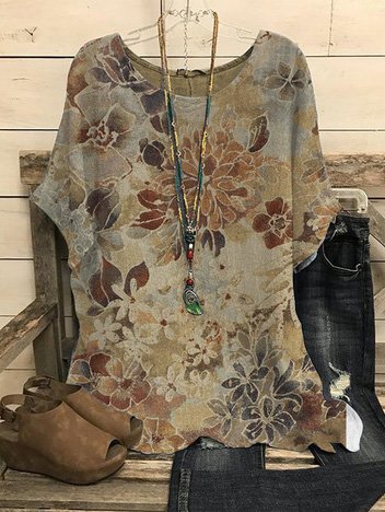 

Casual Vintage Floral Design Crew Neck Loose T-Shirt, Brown, Shirts & Blouses