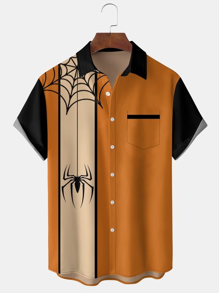 

Mens Funky Halloween Spider Print Front Buttons Short Sleeve Shirt Pocket Casual Top, Orange, Short Sleeve Shirts