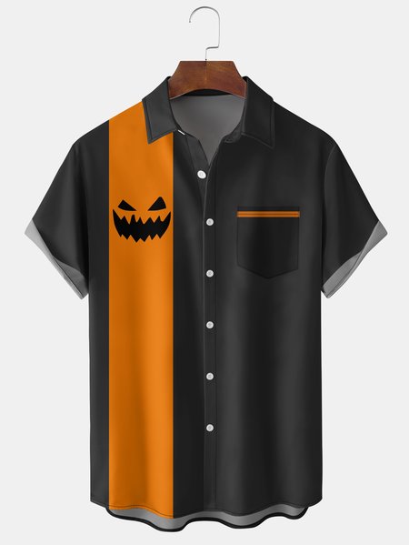 

Men's Halloween Pumpkin Print Short Sleeve Shirt, Black, Men's Floral shirt