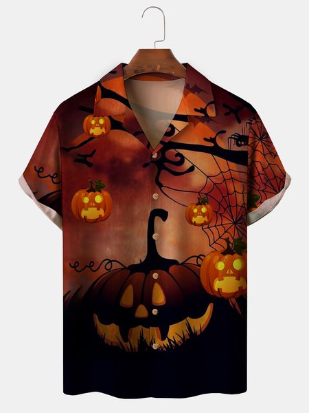 

Men's Halloween Printed Casual Fabric Lapel Short Sleeve Hawaiian Shirt, Red, Men's Floral shirt