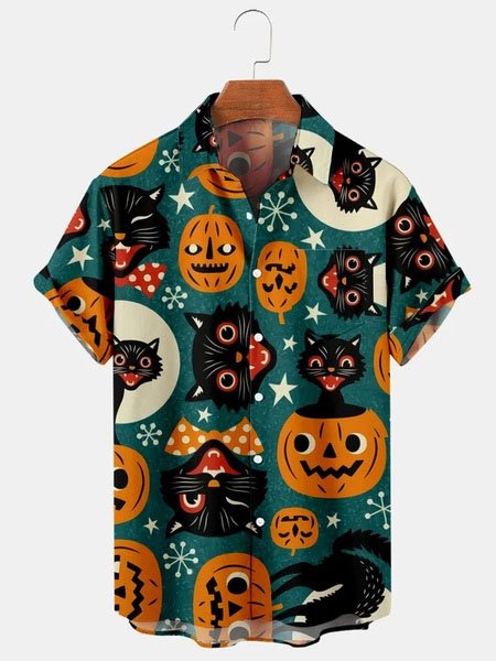 

Men's Halloween Pumpkin Cat Print Casual Breathable Short Sleeve Shirt, Green, Men's Floral shirt