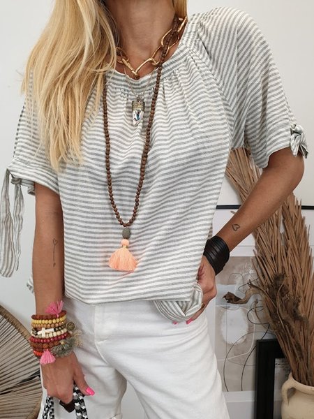 

Striped Crew Neck Casual Tops, Gray, Shirts & Blouses