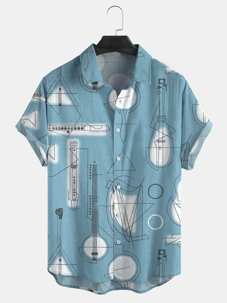 

Cotton and linen style American casual basic wild geometric music guitar linen shirt, As picture, Men's Floral shirt