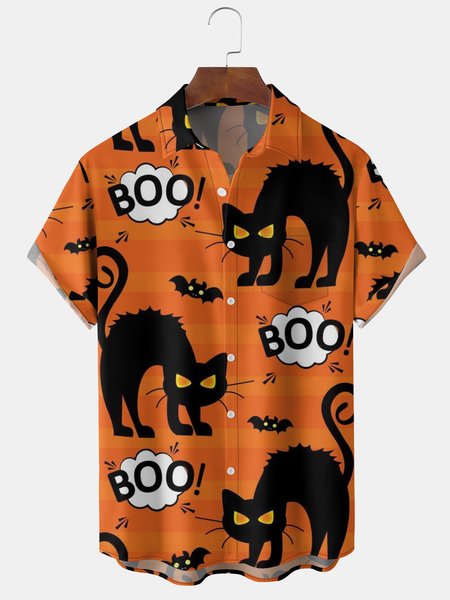 

Mens Funky Halloween Cats Print Front Buttons Soft Breathable Chest Pocket Casual Hawaiian Shirts, Orange, Men's Floral shirt