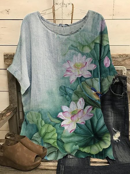 

Chinese style water lily flower blouse plus size, Green, Shirts & Blouses