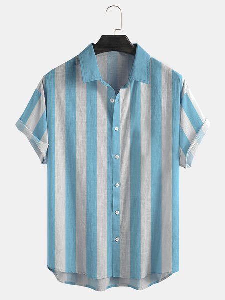 

Cotton Linen Striped Casual Short Sleeve Shirt, Stripe-blue, Men's Floral shirt
