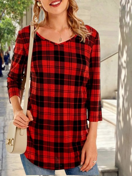 

Loose Plaid Casual V Neck T-Shirt, Red, Tunics