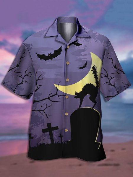 

Men's Halloween Printed Casual Fabric Lapel Short Sleeve Hawaiian Shirt, Purple, Men's Floral shirt
