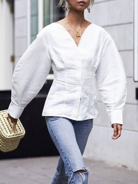 

V neck Long sleeve White Simple Fit Blouse, Blouses and Shirts