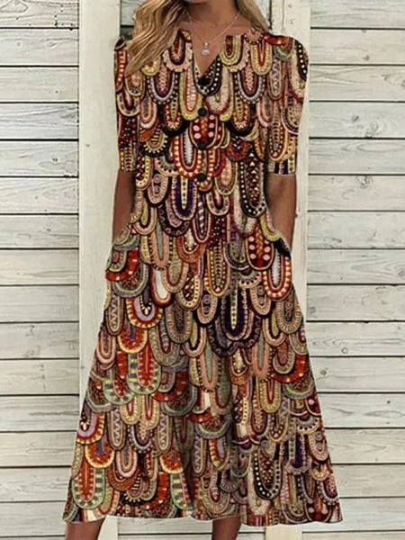 

Casual Loose Vintage Print Holiday Midi Dress, Multicolor, Dresses