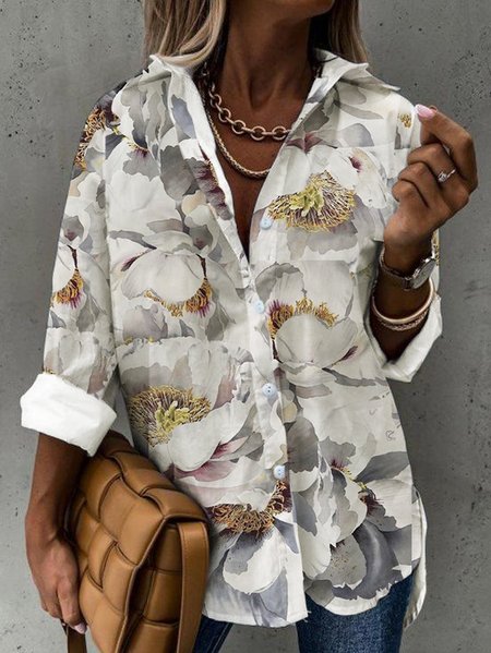 

Shirt Collar Loose Casual Blouse, Beige, Shirts & Blouses