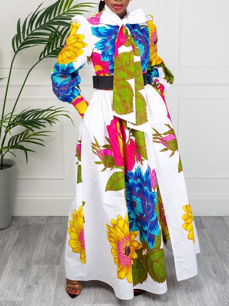 

Loose Elegant Lantern Sleeve Daily Long Dress, Flower, Maxi Dresses