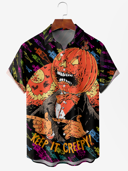 

Men's Pumpkin Print Anti-Wrinkle Moisture Wicking Fabric Lapel Short Sleeve Hawaiian Shirt, Black, Men's Floral shirt