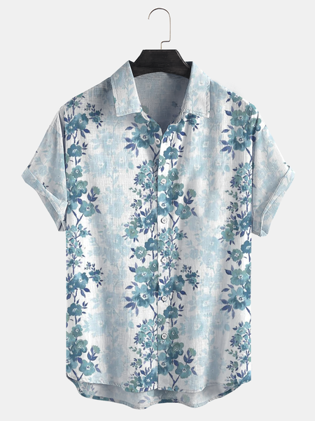 

Cotton Linen Style Botanical Floral Print Cozy Linen Shirt, As picture, Men's Floral shirt