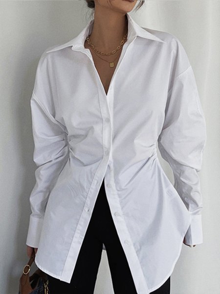 

White Daily Shirt Collar Plain Simple Long sleeve Blouse, Blouses and Shirts