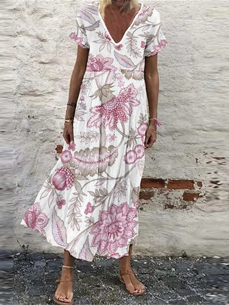 

Casual Floral V Neck Long Dresses, White, Dresses