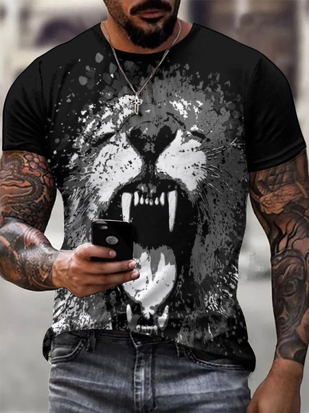 

Men Dog Printing Casual Crew Neck T-Shirt, Black, T-shirts