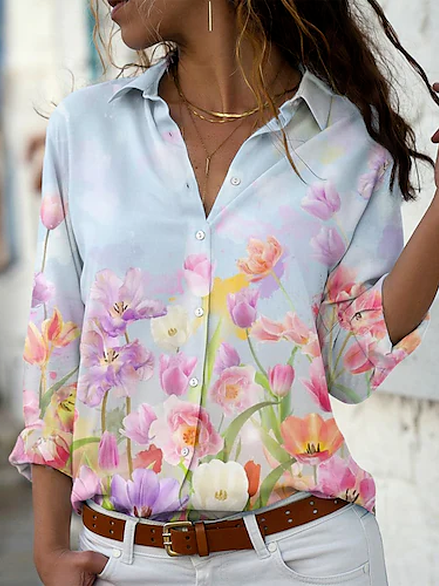 

Floral Shawl Collar Casual Blouse, Blue, Shirts & Blouses
