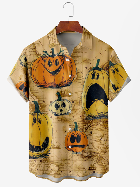 

Men's Pumpkin Print Anti-Wrinkle Moisture Wicking Fabric Lapel Short Sleeve Hawaiian Shirt, Khaki, Men's Floral shirt