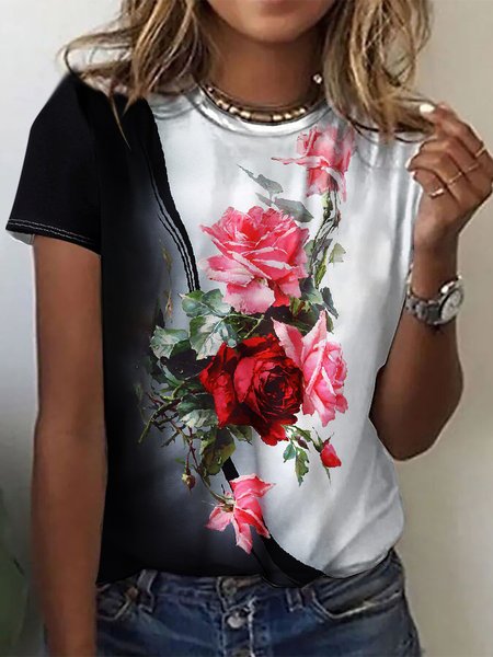 

Floral Loose Casual Crew Neck T-Shirt, Black, T-Shirts