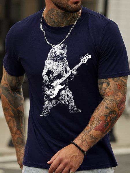 

Bear With Guitar Men's Cotton Crew Neck T-Shirt, Purplish blue, T-shirts