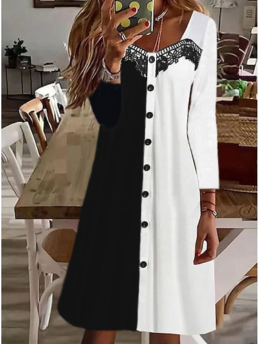 

Color Block Casual Loose Dresses, Black-white, Mini Dresses