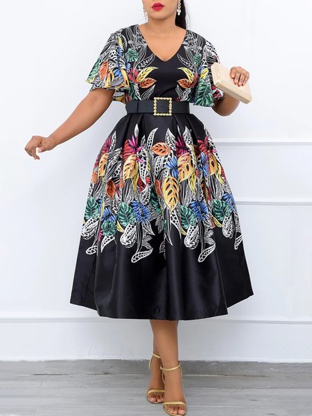 

V Neck Elegant Floral Short Sleeve Midi Dress, Black, Midi Dresses