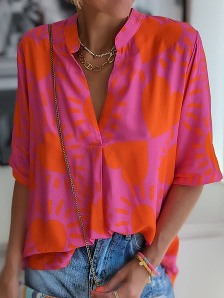

Casual Heart/Cordate Loose Stand Collar Blouse, Rose red, Shirts & Blouses