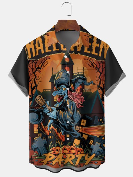 

Men's Halloween Witch Print Short Sleeve Shirt, Black, Men's Floral shirt