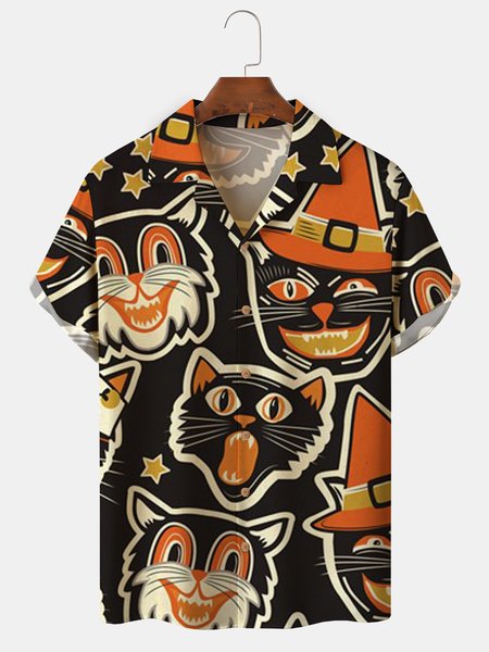

Mens Cats Print Front Buttons Soft Breathable Loose Casual Hawaiian Shirts, Black, Men's Floral shirt