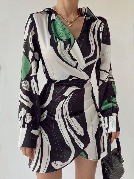 

Vacation Abstract Printed Shirt Collar Long Sleeve Dress, As picture, Mini Dresses
