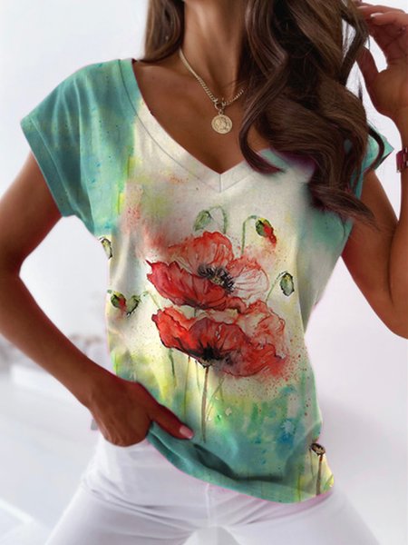 

V Neck Casual Ombre Floral Tops, Multicolor, T-Shirts