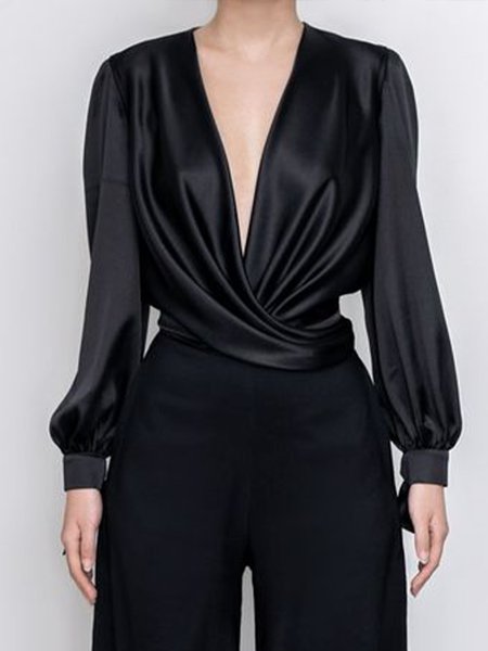 

Elegant V Neck Ruched Plain Long Sleeve Top, Black, Blouses and Shirts