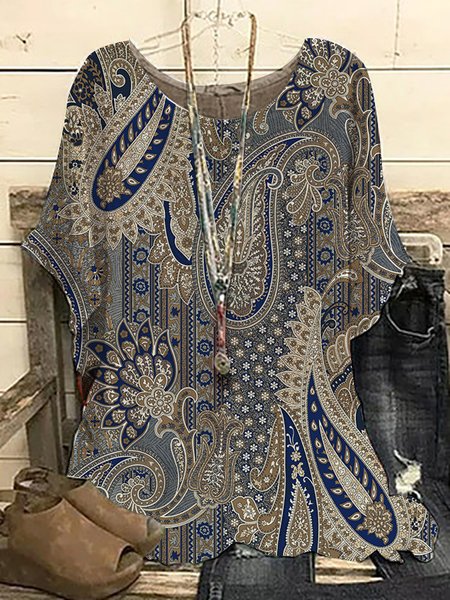 

Vintage Paisley Crew Neck Short Sleeve T-Shirt, Brown, Tops