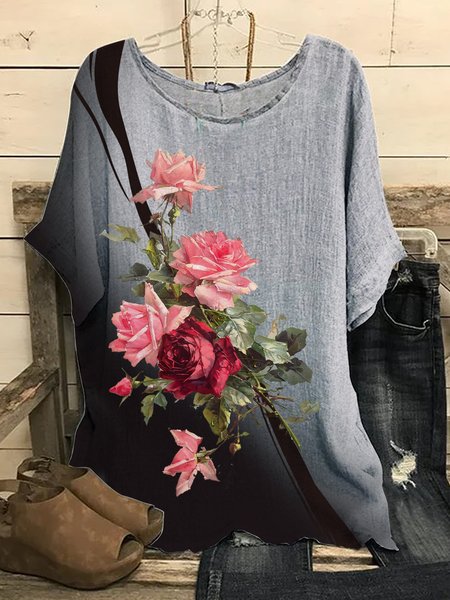

Gradient Chinese flower loose top plus size, Multicolor, Shirts & Blouses
